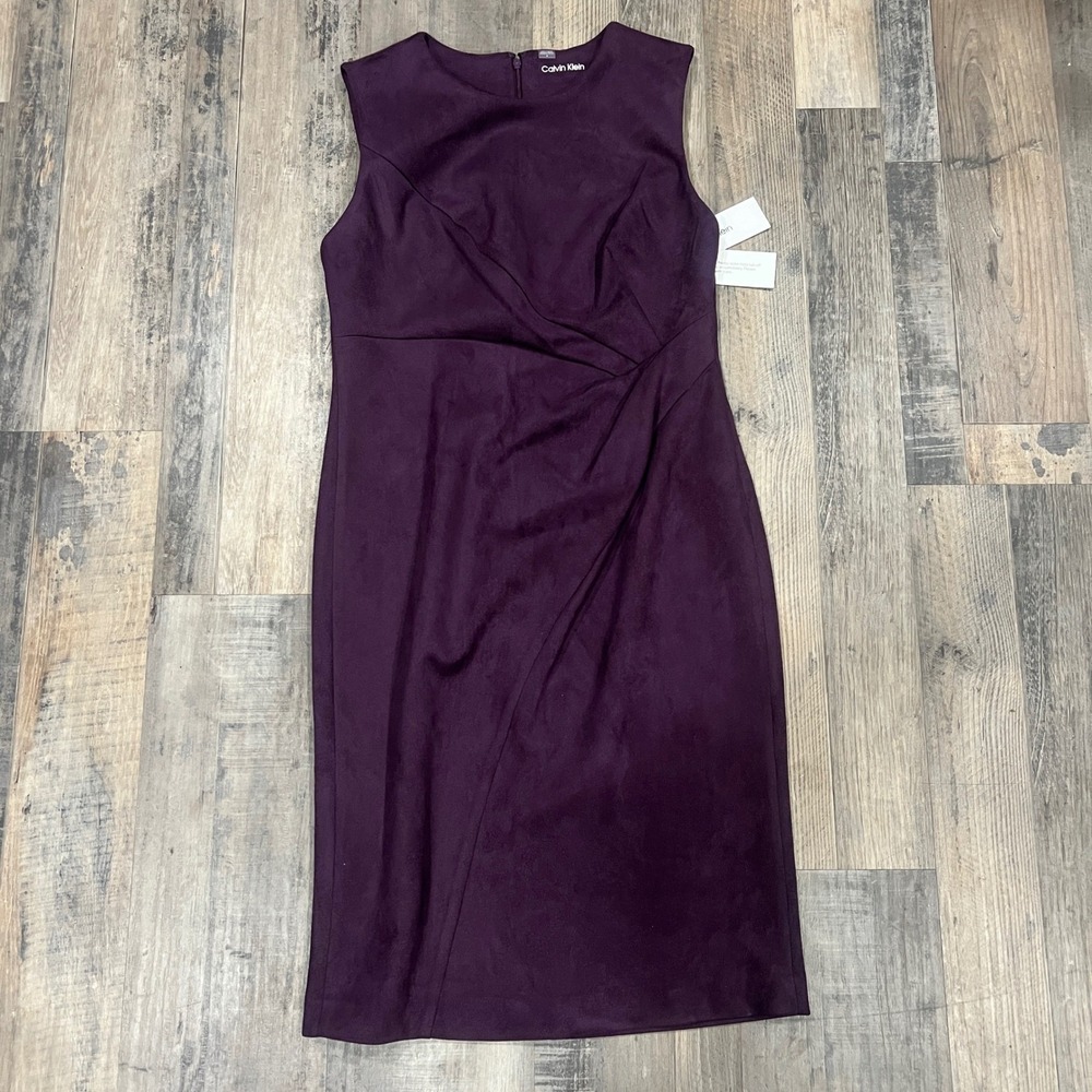 Calvin Klein Plum Faux Suede Drape Front Sheath Dress Old Money Sz 8